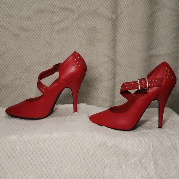 Red Stiletto Heels w/ Studded Accents by Adesso - Picture 5 of 8